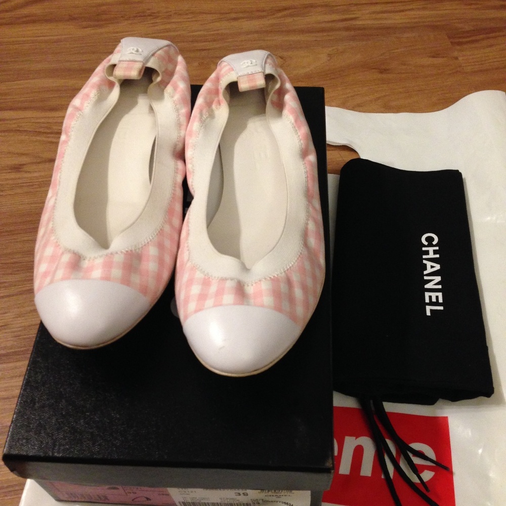 CHANEL Pink Gingham Stretch Spirit Flats EU 39